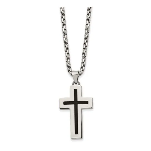 Chisel Stainless Steel Polished with Black Enamel Cross Pendant on a 24 inch Box Chain Necklace Blocher Jewelers Ellwood City, PA
