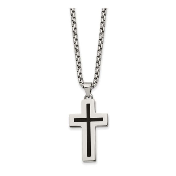 Chisel Stainless Steel Polished with Black Enamel Cross Pendant on a 24 inch Box Chain Necklace Blocher Jewelers Ellwood City, PA