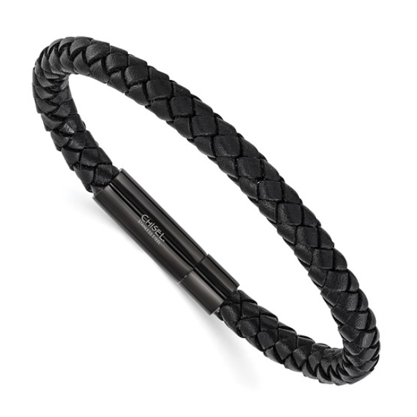 Chisel Stainless Steel Polished Black IP-plated and Black Leather 8.25 inch Bracelet Blocher Jewelers Ellwood City, PA
