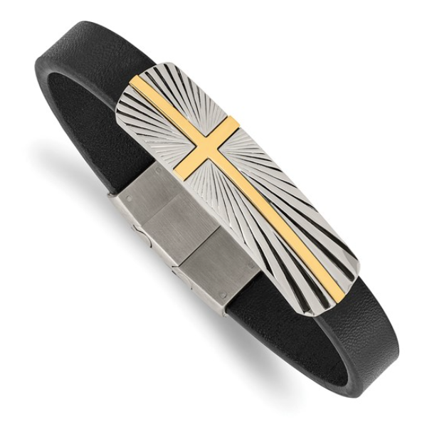 Chisel Stainless Steel Polished Yellow IP-plated Cross Black Leather 8 inch Bracelet with .5 inch Extension Blocher Jewelers Ellwood City, PA
