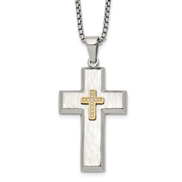 Chisel Stainless Steel Brushed Polished and Hammered Yellow IP-plated with CZ Cross Pendant on a 24