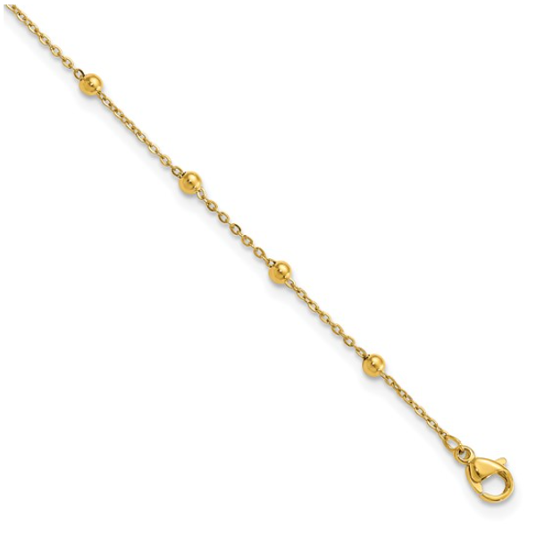 Stainless Steel Polished Yellow IP-plated Beaded 9.5 inch Anklet Plus 1 inch Extension Image 2 Blocher Jewelers Ellwood City, PA