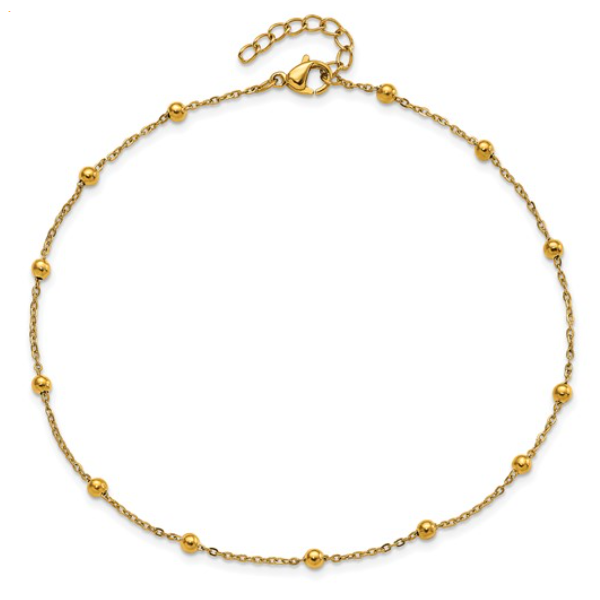 Stainless Steel Polished Yellow IP-plated Beaded 9.5 inch Anklet Plus 1 inch Extension Blocher Jewelers Ellwood City, PA