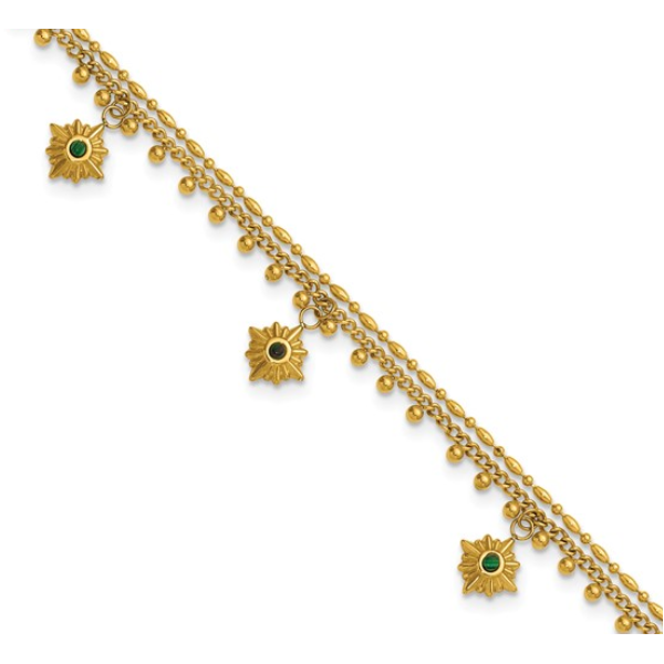 Stainless Steel Polished Yellow-plated with Imitation Malachite Suns 9.75 inch Anklet Plus 2 inch Extension Image 2 Blocher Jewelers Ellwood City, PA