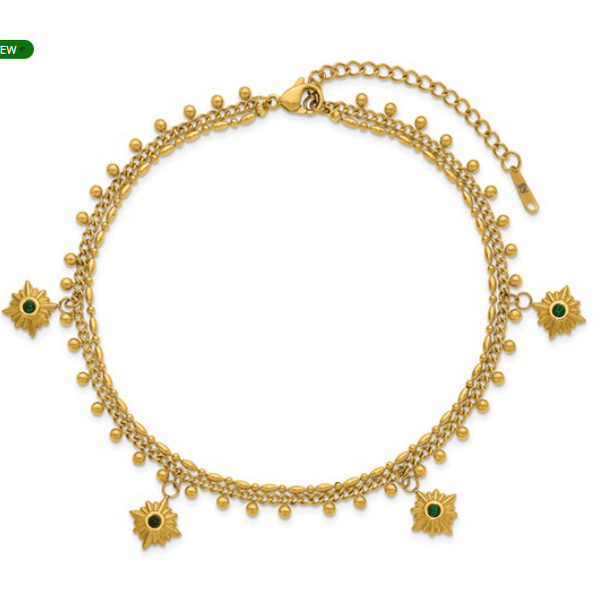 Stainless Steel Polished Yellow-plated with Imitation Malachite Suns 9.75 inch Anklet Plus 2 inch Extension Blocher Jewelers Ellwood City, PA
