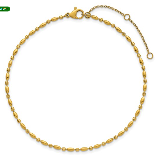 Stainless Steel Polished Yellow IP-plated 2mm Beaded 9 inch Anklet Plus 2 inch Extension Blocher Jewelers Ellwood City, PA