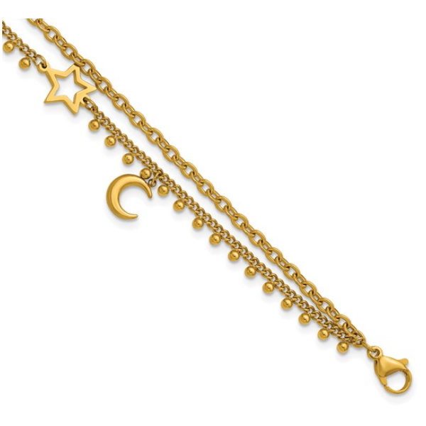 Stainless Steel Polished Yellow IP-plated Moon and Stars Two-Strand 9.75 inch Anklet Plus 2 inch Extension Image 2 Blocher Jewelers Ellwood City, PA