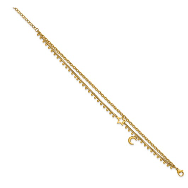 Stainless Steel Polished Yellow IP-plated Moon and Stars Two-Strand 9.75 inch Anklet Plus 2 inch Extension Blocher Jewelers Ellwood City, PA