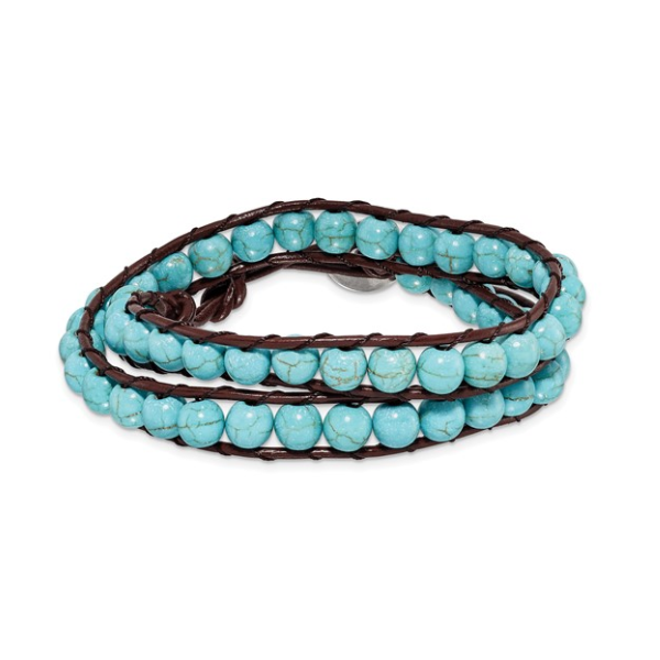 6mm Dyed Turquoise Beads with Brown Leather Cord 14 inch Plus 1 inch Multi-Wrap Bracelet Blocher Jewelers Ellwood City, PA