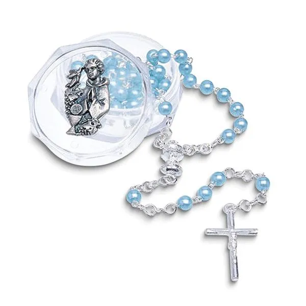 Blue Imitation Pearl Communion Silver-tone 12.5 inch Rosary In Acrylic Box Blocher Jewelers Ellwood City, PA