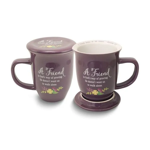 A FRIEND Proverbs 17:17 Purple Floral 14 oz. Ceramic Mug and Coaster Set Boxed Blocher Jewelers Ellwood City, PA