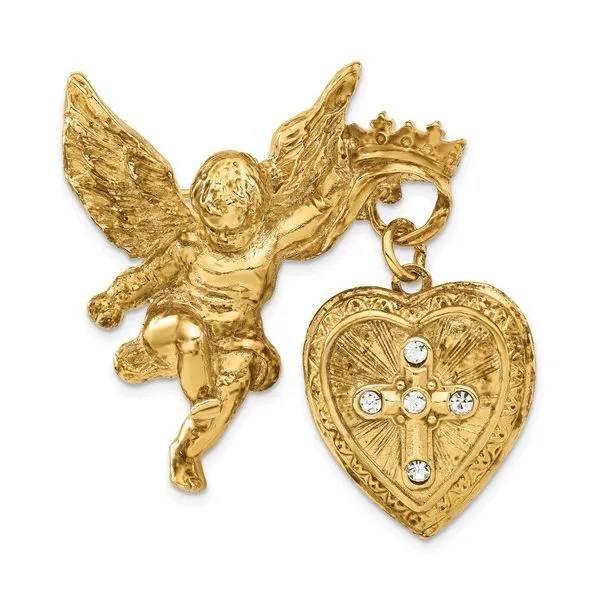 Symbols of Faith Gold-tone Angel Holding Dangle Heart Clear Crystal Cross Locket Pin Brooch Holds 2 Photos Blocher Jewelers Ellwood City, PA