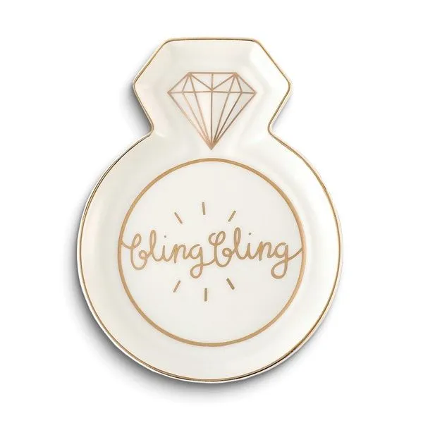 White and Gold-tone BLING BLING Ring Shaped Ceramic Trinket Dish Blocher Jewelers Ellwood City, PA