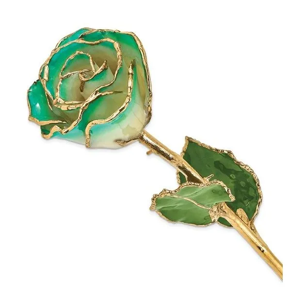 Lacquer Dipped Gold Trimmed White/Turquoise Green Real Rose Blocher Jewelers Ellwood City, PA