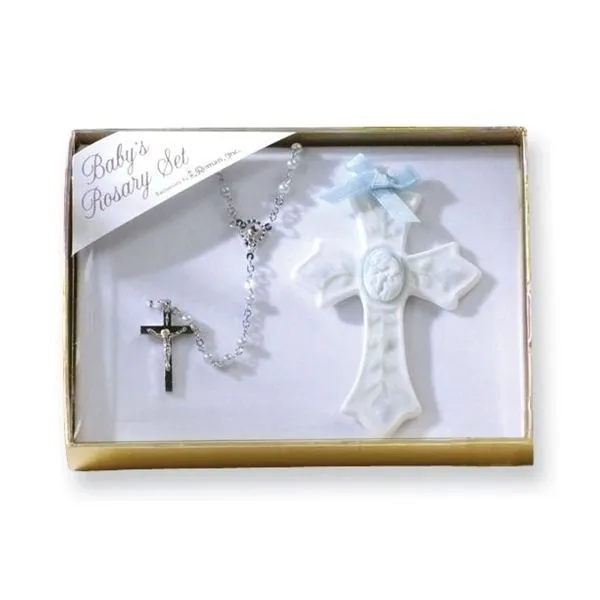 Silver-plated Blue Beads First Rosary and Porcelain 4in Cross Two Piece Set Blocher Jewelers Ellwood City, PA