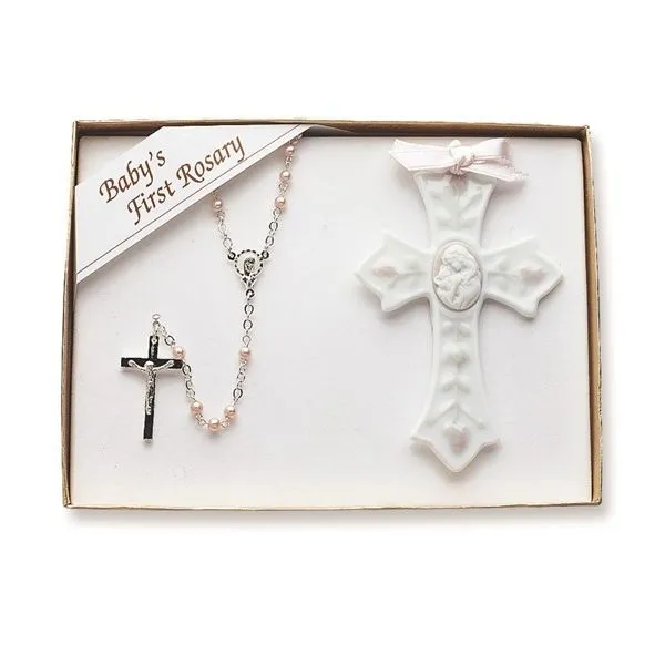 Silver-plated Pink Beads First Rosary and Porcelain 4in Cross Two Piece Set Blocher Jewelers Ellwood City, PA