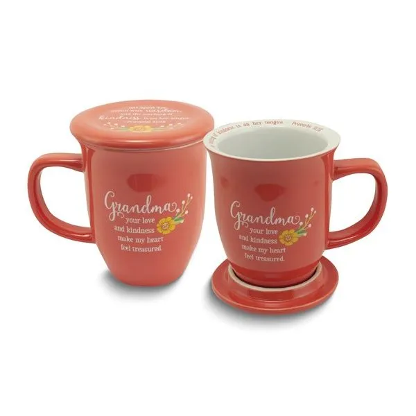 GRANDMA Coral Floral 15 oz. Ceramic Mug and Coaster Set Boxed Blocher Jewelers Ellwood City, PA