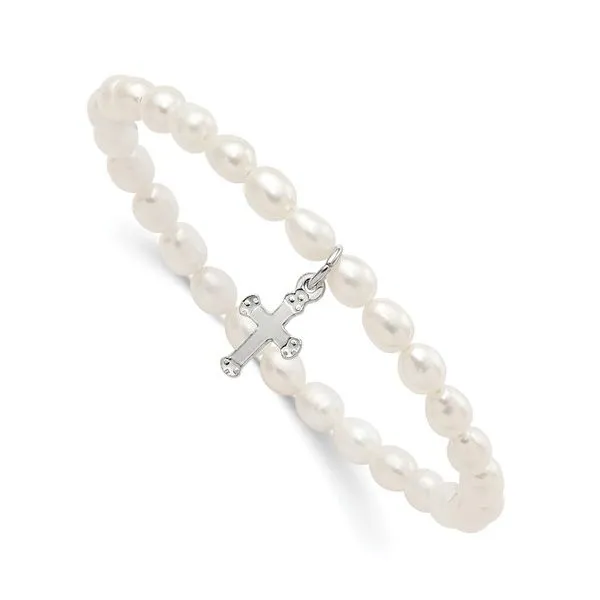 Sterling Silver Polished Cross and 4-5mm White Rice Shape Freshwater Cultured Pearl 40mm Stretch Bracelet Blocher Jewelers Ellwood City, PA