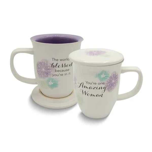 AMAZING WOMAN White/Purple Ceramic Mug and Coaster Set Blocher Jewelers Ellwood City, PA