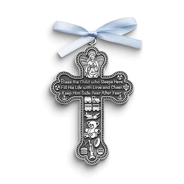 Pewter Finish Bless This Child Crib Cross for Him with Blue Ribbon Blocher Jewelers Ellwood City, PA