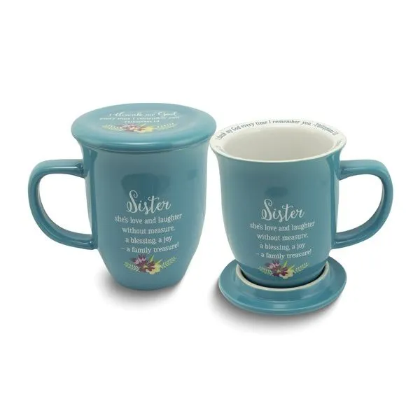 SISTER Philippians 1:3 Blue Floral 16 oz. Ceramic Mug and Coaster Set Boxed Blocher Jewelers Ellwood City, PA