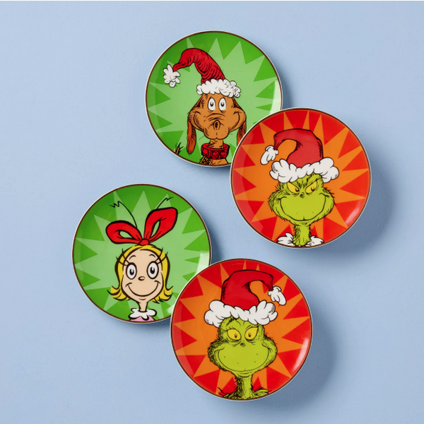 Lenox Merry Grinchmas Tidbit Plates - Set of 4, Festive Faces of the Grinch, Max, and Cindy Lou Who Blocher Jewelers Ellwood City, PA