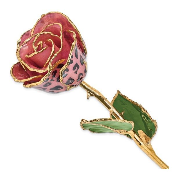 Lacquer Dipped Gold Trimmed Pink and Black Leopard Real Rose Blocher Jewelers Ellwood City, PA
