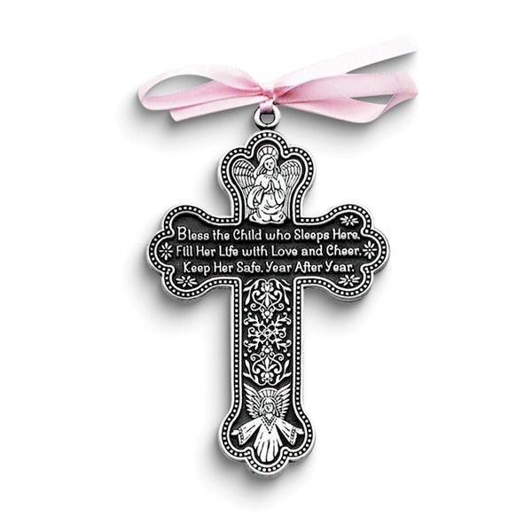 Pewter Finish Metal For Her with Pink Ribbon Bless This Child Crib Cross Blocher Jewelers Ellwood City, PA