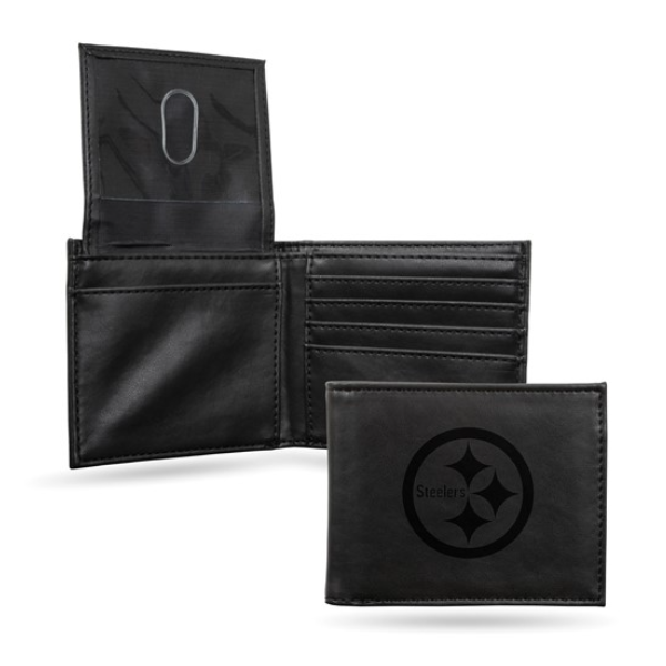 NFL Pittsburgh Steelers Black Faux Leather Bi-fold Wallet with 4 Card Slots and Flip-up ID Window Blocher Jewelers Ellwood City, PA