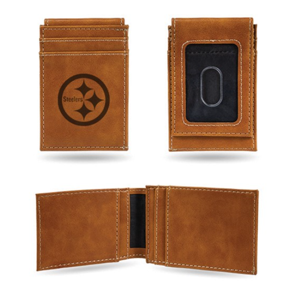 NFL Pittsburgh Steelers Brown Faux Leather Front Pocket Wallet with 2 Card Slots and ID Window Blocher Jewelers Ellwood City, PA