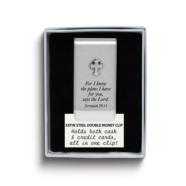 Satin Steel FOR I KNOW THE PLANS I HAVE FOR YOU… Double Money Clip with Cross Blocher Jewelers Ellwood City, PA