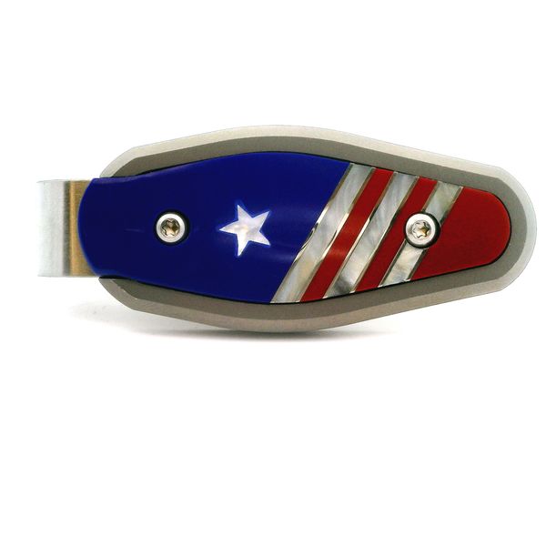 Patriotic Titanium Money Clip with Mother of Pear, Lapis and Coral, Engraved with 1776-2026 Blocher Jewelers Ellwood City, PA