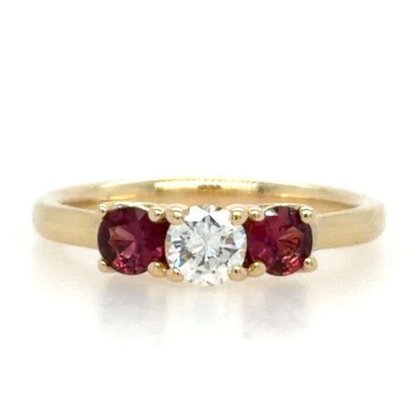 14k Yellow Gold Diamond & Berry Sapphire 3-Stone Ring Blue Heron Jewelry Company Poulsbo, WA