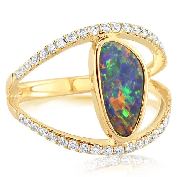 14k Gold Australian Opal Doublet Split Shank Ring Blue Heron Jewelry Company Poulsbo, WA