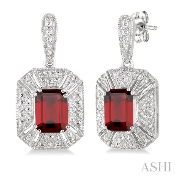 Garnet & Diamond Emerald Cut Halo Silver Earrings Blue Heron Jewelry Company Poulsbo, WA