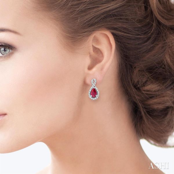 Pear Ruby & Diamond Halo Earrings Image 2 Blue Heron Jewelry Company Poulsbo, WA
