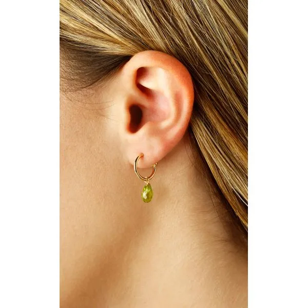 Peridot Briolette Drop 14KY Hoop Earrings Image 2 Blue Heron Jewelry Company Poulsbo, WA