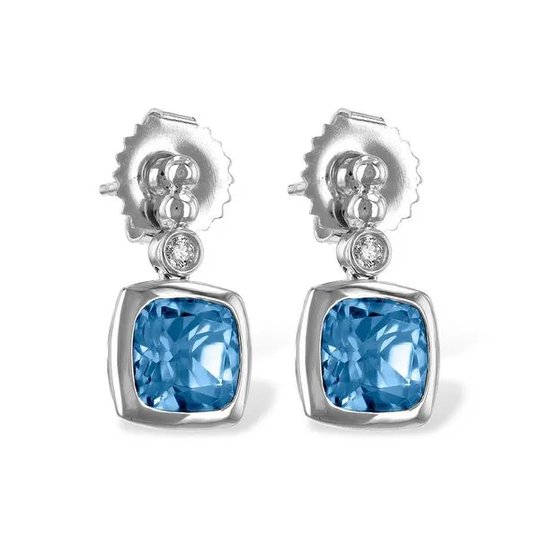 Bezel Cushion Blue Topaz Drop Earrings Blue Heron Jewelry Company Poulsbo, WA