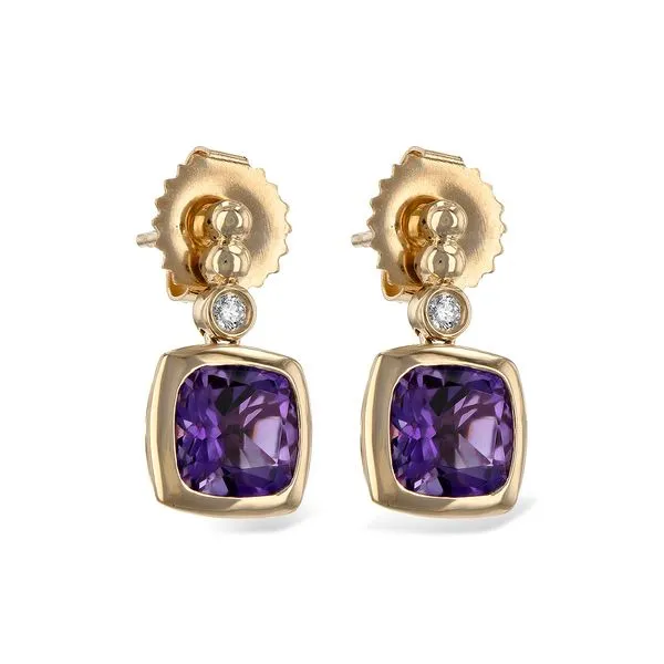 Bezel Cushion Amethyst Drop Earrings Blue Heron Jewelry Company Poulsbo, WA