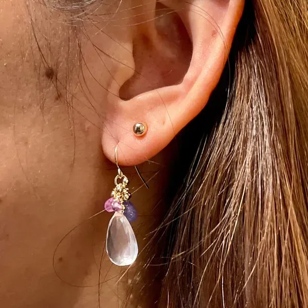 Pink Quartz w/ Mixed Color Sapphires Drop Earrings Blue Heron Jewelry Company Poulsbo, WA
