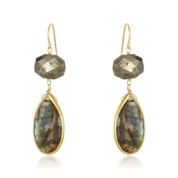 Bezel Labradorite & Pyrite Drop Earrings Blue Heron Jewelry Company Poulsbo, WA