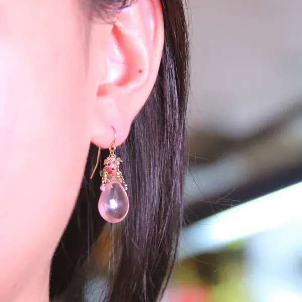 Rose Quartz & Tourmaline Cluster Earrings Blue Heron Jewelry Company Poulsbo, WA