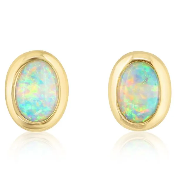 14k Gold Oval Australian Opal Stud Earrings Blue Heron Jewelry Company Poulsbo, WA