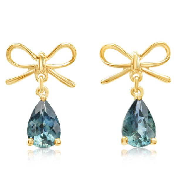 14k Gold Pear-Shape Montana Sapphire Bow Earrings Blue Heron Jewelry Company Poulsbo, WA