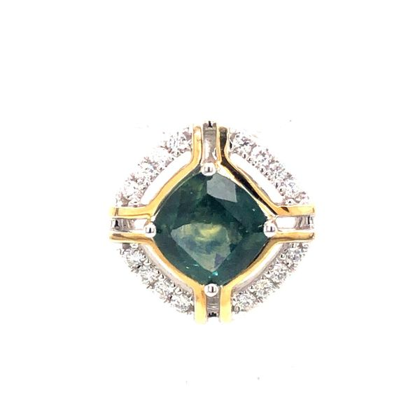 Open Diamond Halo Cushion Montana Sapphire Two-Tone Slide Pendant Blue Heron Jewelry Company Poulsbo, WA