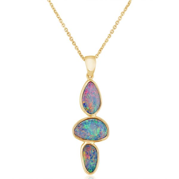 Three-Bezel Australian Opal Doublet Drop Pendant 14kyg Blue Heron Jewelry Company Poulsbo, WA