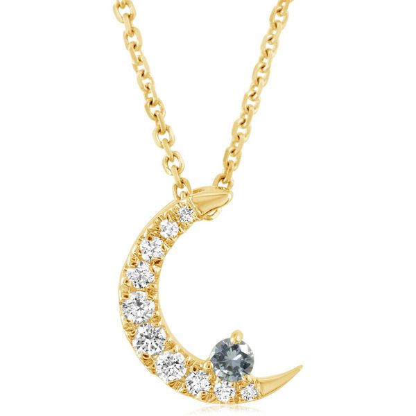 14k Gold Montana Sapphire & Diamond Crescent Moon Pendant Blue Heron Jewelry Company Poulsbo, WA