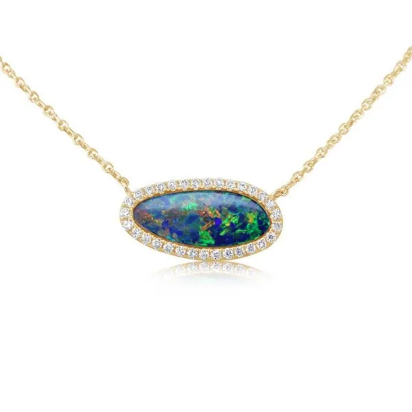 Australian Opal w/ Diamond Halo Necklace Blue Heron Jewelry Company Poulsbo, WA