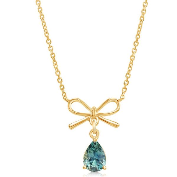 14k Gold Pear-Shape Montana Sapphire Bow Necklace Blue Heron Jewelry Company Poulsbo, WA