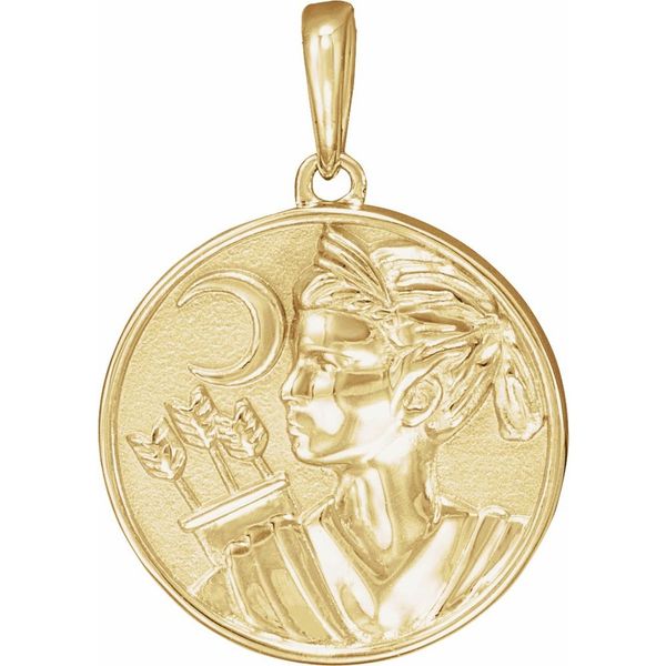 14k Yellow Gold Artemis & Moon Coin Pendant Blue Heron Jewelry Company Poulsbo, WA